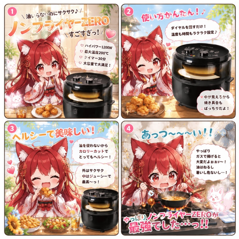 【4コマ漫画 特集】油を使わない⁉️電子レンジも直火もいらない！温まるのを待つだけお掃除省ける『ノンフライヤー』特集 ～ 九尾のキツネと学ぶ ser.2  ～