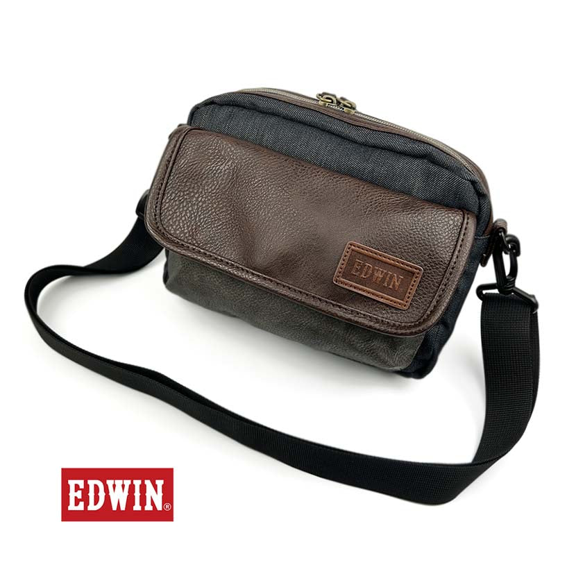 【夏！ 5%SALE】EDWIN エドウイン レザー×デニム フラップミニショルダーバッグ ポーチ【全3色】