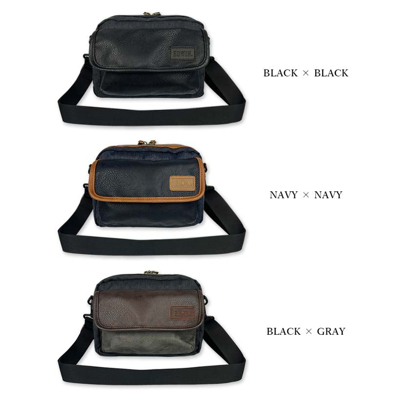 【夏！ 5%SALE】EDWIN エドウイン レザー×デニム フラップミニショルダーバッグ ポーチ【全3色】