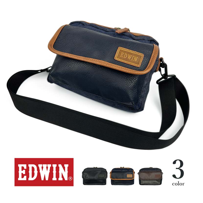 【夏！ 5%SALE】EDWIN エドウイン レザー×デニム フラップミニショルダーバッグ ポーチ【全3色】